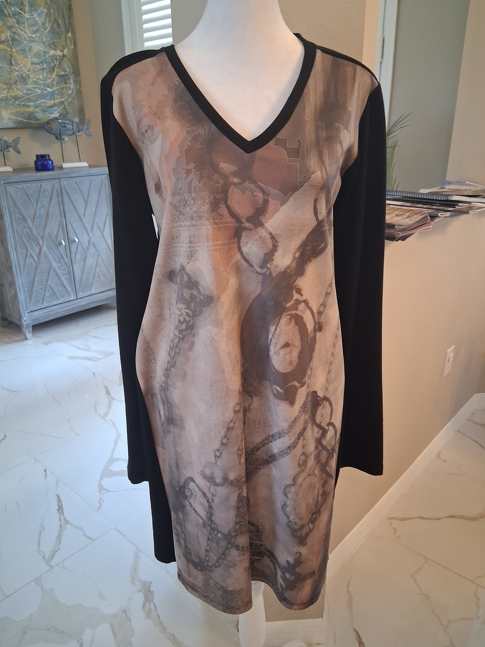 Jolt V-Neck Long Sleeve Tunic Dress - Black and Taupe Print